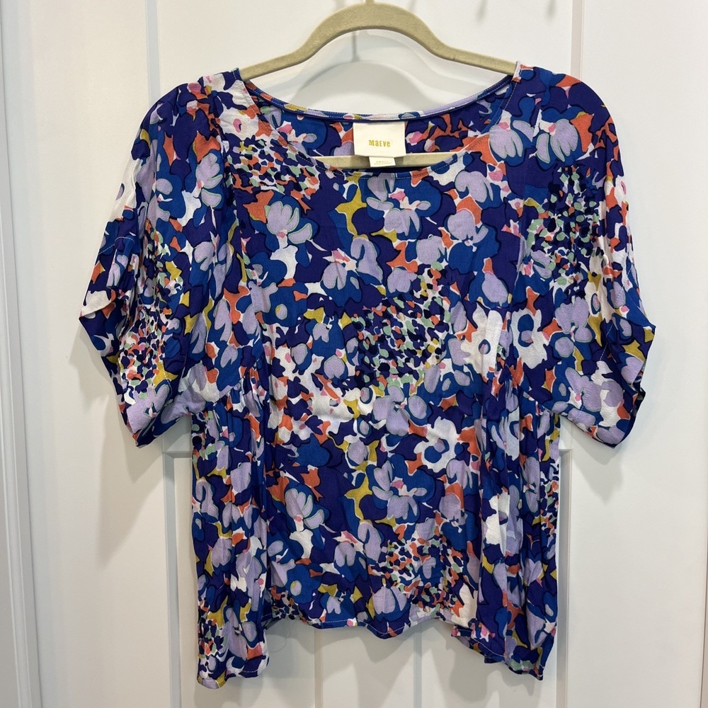 Maeve Anthropologie Milla‎ Blue Floral Blouse Short Sleeve Top Size S Colorful